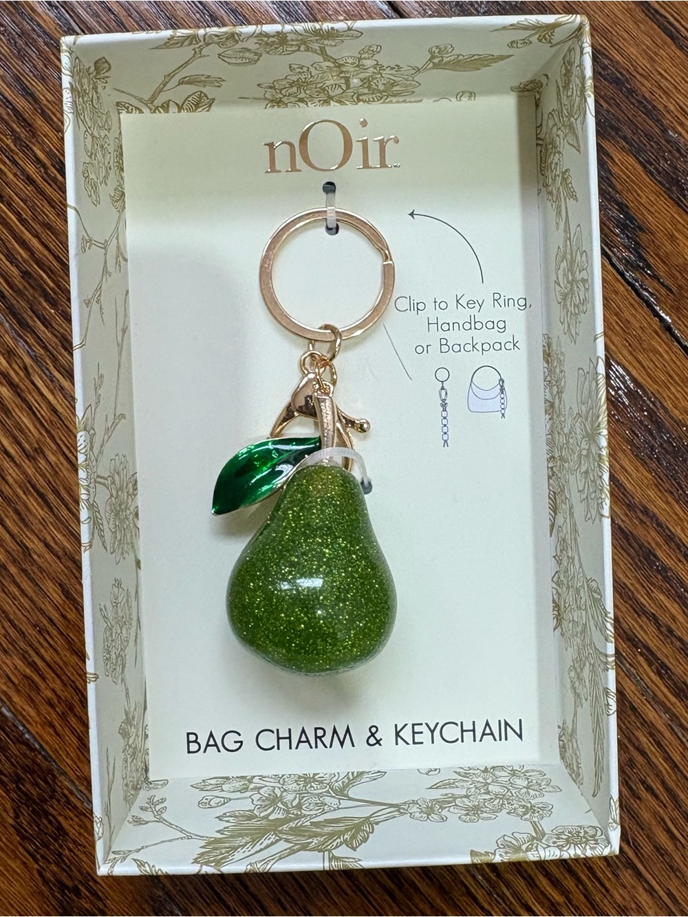 nOir Jewelry Sparkling Green Pear Bag Charm Keychain with Gold Hardware